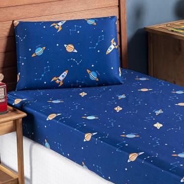 Imagem de Jogo Cama Lençol Fantasy Solteiro Cama Quarto Infantil Microfibra 2 Peças Galáxia Espaço Azul