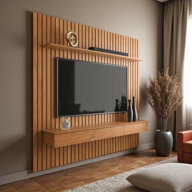 Imagem de Painel Ripado Para Tv Até 75 Polegadas Home Antares Suspenso Com Nicho 3 Gavetas E Prateleira Cinamomo
