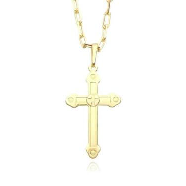Imagem de Cordão Fecho Canhão de Ouro 24k e Pingente Crucifixo Vaticano Banhado 