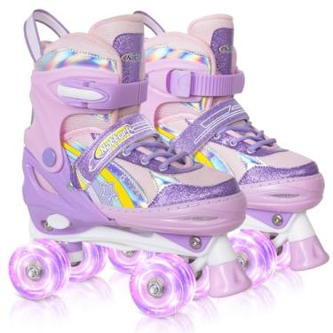 Imagem de Nattork Patins para meninas para crianças pequenas 5-8 4 5 6 7 4 tamanhos ajustável arco-íris quadriciclo patins com todas as rodas luminosas - melhor presente de aniversário para
