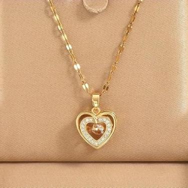 Imagem de Coleção de colares com pingente de coração em camadas duplas, detalhes delicados de zircônia cúbica, joias elegantes para uso diário e festa, One Size, Cobre, Zircão