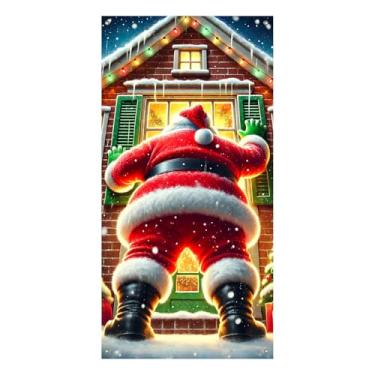 Imagem de BlissYard Capa de porta de Natal gigante engraçado Papai Noel 99 x 189 centímetros terno vermelho fivela de cinto faixa de porta reutilizável tecido decoração de porta de férias para casa escritório e