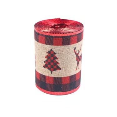 Imagem de Conjunto de fita de embrulho de presente de Natal com fio de serapilheira para artesanato doméstico, decoração de árvores, embrulho de presente, projetos de Natal DIY xadrez e estampas festivas