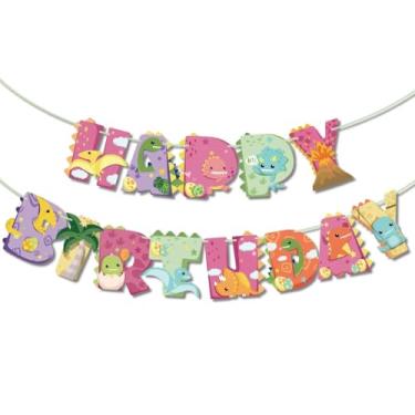 Imagem de Pano de fundo de banner de feliz aniversário de dinossauro, desenho animado rugido de dinossauro, bandeiras de bandeira flâmula, decorações de festa, guirlanda de pendurar rosa, suporte de cabine de