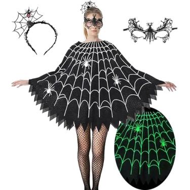 Imagem de Poncho de teia de aranha para mulheres, vestido de Halloween que brilha no escuro, fantasia cosplay com faixa de cabeça e máscara
