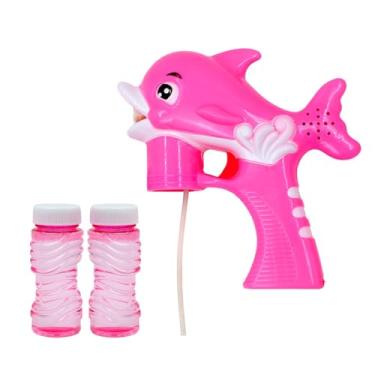 Imagem de Lança Bolhas de Sabão Golfinho Musical com LED, Plástico, 17x18x6.5cm, 2 Refis Inclusos, Funciona com 3 Pilhas AA (Rosa)