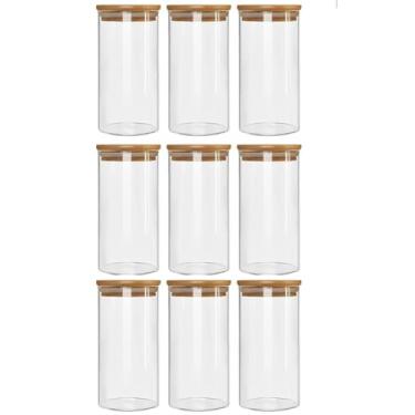 Imagem de Conjunto 3 Potes Herméticos Com 1000ml De Vidro Redondo Tampa De Bambu Mantimento Tempero Alimento (Kit 9 Unidades)