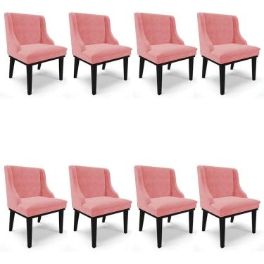 Imagem de Kit 8 Cadeiras Estofadas Para Sala De Jantar Base Fixa De Madeira Preto Lia Suede Rosê - Ibiza