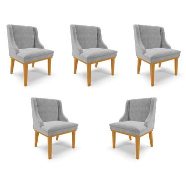 Imagem de Kit 5 Cadeiras Decorativas Sala De Jantar Base Fixa De Madeira Firenze Suede Cinza/castanho G19