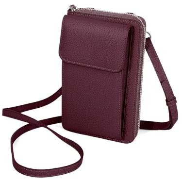 Imagem de Bolsa feminina pequena de couro genuíno transversal e carteira para celular com alça ajustável, serve para celular de até 15 cm, Borgonha, Bolsa transversal