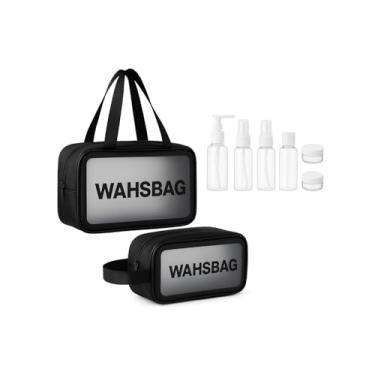 Imagem de Kit 2 Necessaires Transparente E Impermeável Grande Mais 06 Frascos Recarregáveis Para Shampoo, Condicionador, Creme e Cosméticos — Organização Prática e Moderna (Preta)