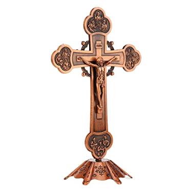 Imagem de Luocute Estilo Vintage de Crucifixo, Ornamento Decorativo de Crucifixo de Metal, Presente Católico Com Base, para Decoração de Prateleira de Mesa (Cobre Vermelho)