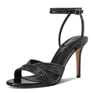 Imagem de GPXGPX Sandálias femininas de salto alto com strass e salto agulha brilhante com tira no tornozelo, bico redondo, bico aberto, elegantes para casamentos, sandálias sexy, Preto, 41