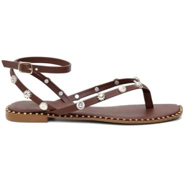 Imagem de Sandália Feminina Rasteirinha Minimalist Café Fivela Tiras com Detalhes em Metal Dedo Verão (BR, Adulto, Numérico, 38)