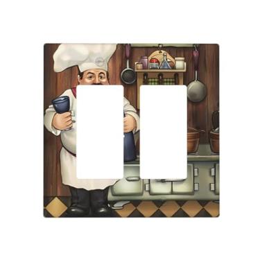 Imagem de JDAKHD Capas decorativas retrô de desenho animado Fat Chef Cook Vintage Medieval Double Decorator Gfci/Rocker Placa de parede 2 Gang, placa de interruptor de luz elétrica para cozinha