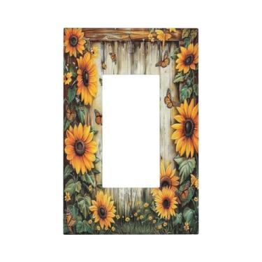 Imagem de SgEdao Capas de tomada decorativas Girassol Vintage Madeira Barndoor 1 Gang Single Decora GFCI Device Light Switch Covers Plate 1 Rocker Wall Plate Jumbo Faceplate para decoração de quarto e casa