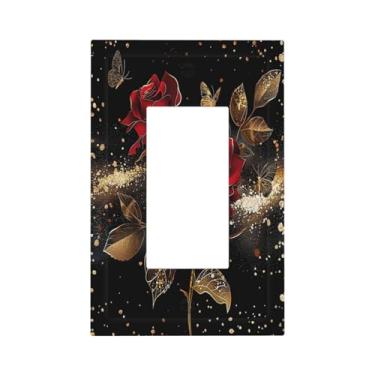 Imagem de DWBGUO Capas decorativas com luxuosa folha dourada borboleta rosa vermelha design floral 1 Gang Rocker Light Switch Covers Single Decora GFCI Placa de parede para quarto decoração de casa