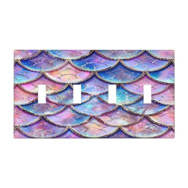 Imagem de SGEDAO Capas decorativas para interruptores placa fofa rosa roxa sereia escalas 4 gangues placa de parede artística placa de interruptor de luz quádrupla placa frontal jumbo para quarto de namorada
