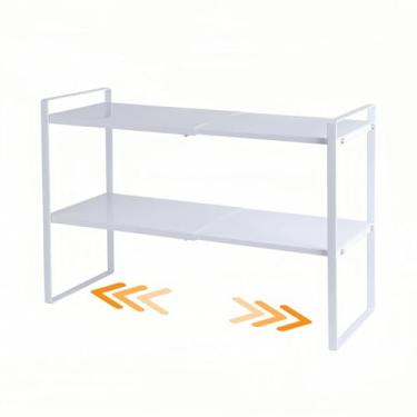 Imagem de LJHFUQHUHU Prateleira organizadora expansível de 2 camadas para armário de cozinha, bancada, despensa e armazenamento embaixo da pia (branca)