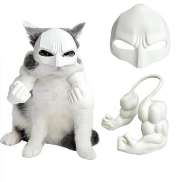 Imagem de LINHUNCAT Conjunto de acessórios de fantasia de Halloween de gato, máscara de morcego impressa em 3D e braços musculosos, adereços de dramatização, acessórios engraçados de fantasia de gato (branco)