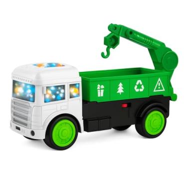 Imagem de Caminhão de Brinquedo Reciclável com Luz e Som, Plástico, Branco e Verde, Movido a Pilha, Bate e Volta, com Gancho e Caçamba, para Crianças 3+ Anos