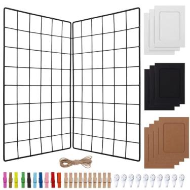 Imagem de Painéis de grade de parede de 4 peças, prateleiras de arame de 15,7 × 11,8 com clipes, ganchos, corda de cânhamo e molduras para fotos, perfeito para exibições de parede