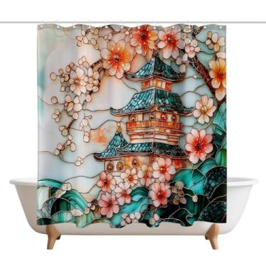 Imagem de XMWYTJ Cortinas de chuveiro pagode japonês de vidro manchado, árvore de cerejeira, decoração de porta de celeiro, tecido de poliéster, à prova d'água, conjunto de cortinas de banheiro com 12 ganchos
