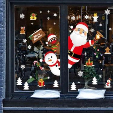 Imagem de 4 adesivos de janela de Natal, adesivos de janela interna com desenhos de Papai Noel e boneco de neve, decoração de PVC para exibição de férias