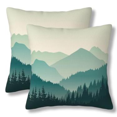 Imagem de ZYNTIRAX Lindas capas de almofada de paisagem de montanha verde montanhas de pinheiro enevoado 50 x 50 cm conjunto de 2 fronhas de almofada quadradas de floresta nebulosa para sofá-cama sofá