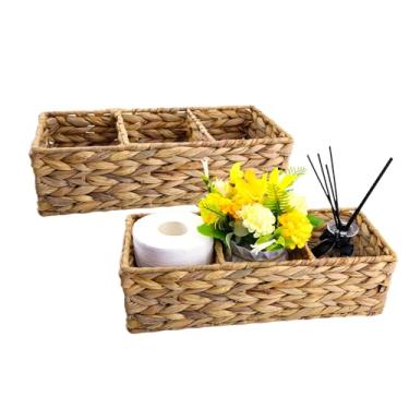 Imagem de Pacote com 2 cestas de jacinto de água tecidas com 3 seções – Caixa de armazenamento tecida à mão, organizador de mesa retangular para bancada, prateleiras de tanque de vaso sanitário, cafeteria e