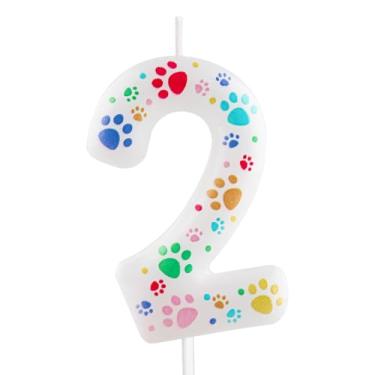 Imagem de Velas de aniversário com estampa de pata de cachorro – Velas brancas número 2 cobertas com estampas coloridas de patas para festas de aniversário de cães e celebrações de animais de estimação, 2 velas