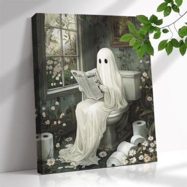 Imagem de Bawpkn Halloween Ghosts arte de parede fantasma leitura no banheiro pôster imagens retro terror escuro Academia impressões para banheiro decoração de casa presentes de Halloween 30,5 x 40,6 cm