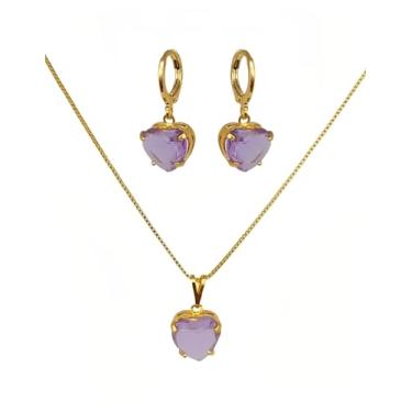 Imagem de Conjunto Colar e Brinco Coração Zirconia lilás Claro Banhado Ouro 18k Antialérgico