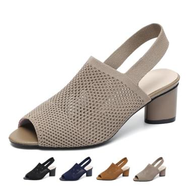 Imagem de OXNEUHG Sandálias femininas de malha Peep Toe Slingback salto grosso com tira no tornozelo, moderno, bico fino, recortado, sem costas, salto alto, verão, casual, trabalho, escritório, casamento