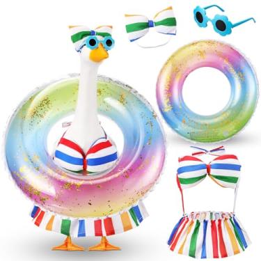 Imagem de Sunnymove Roupa de ganso de biquíni com óculos de sol e anel de natação para fantasia de estátua de varanda de verão de 58 cm para decoração de jardim e pátio (arco-íris)