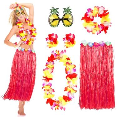 Imagem de MIVOEDIK Saia de grama para adultos, mulheres, saia de hula Grils para roupas havaianas de festa Luau com flores Leis e óculos de sol, Vermelho, G