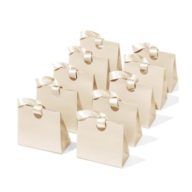 Imagem de Vitalizart Sacos de presente de papel com alças de fita, conjunto de 10 creme, branco, reutilizável, para embrulho de presente, meninas, crianças, aniversário, chá de panela, lembrancinhas