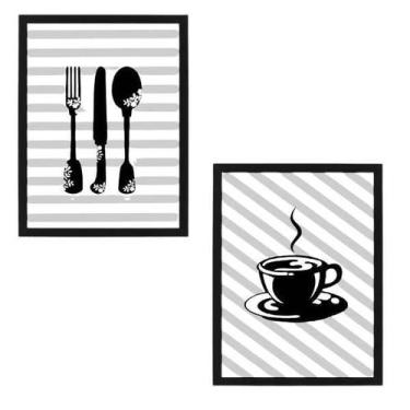 Imagem de Kit 2 Quadros Decorativos Cozinha/Café Listrado 34X23Cm - Quadros On-L