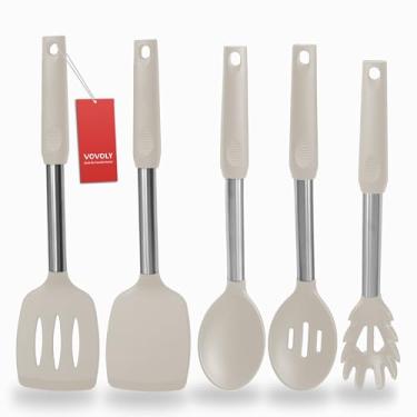 Imagem de Espátula de silicone e colher de cozinha, pacote com 5 utensílios de cozinha antiaderentes para cozinha, colheres e espátulas sólidas resistentes ao calor, cabo de aço inoxidável revestido com
