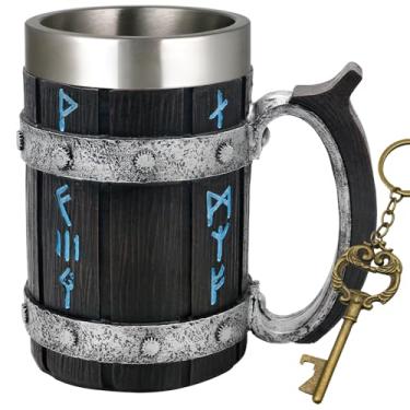 Imagem de Caneca Viking - Caneca de café de runa viking nórdica de 595 g presentes para homens decoração de mitologia nórdica caneca de cerveja barril de madeira copo de aço inoxidável