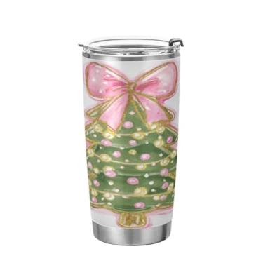 Imagem de KEEPREAL Copo de aço inoxidável de árvore de Natal com laço rosa, 590 ml, frasco de viagem de parede dupla isolado a vácuo para bebidas quentes e frias, xícara de café e gelo#531