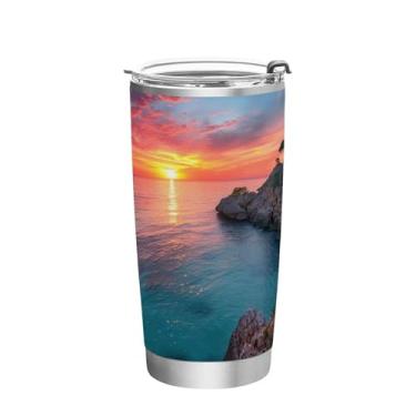 Imagem de Blueangle Copo de 590 ml com tampa e canudo, copo de café com água isolada a vácuo de aço inoxidável, linda caneca de viagem colorida ao nascer do sol, copo térmico para bebidas quentes e frias (158)