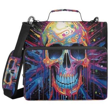 Imagem de Blueangle Fichário de caveira colorida com zíper, bolsa de 3 anéis de 3 anéis, comporta 500 páginas, organizador de zíper com vários bolsos com alça ajustável e alça (607)