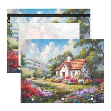 Imagem de SEHANY Pasta de lápis de flores de jardim com 3 anéis - bolsa de documentos com zíper tamanho A4 com janela transparente para sala de aula, escritório, 2 peças