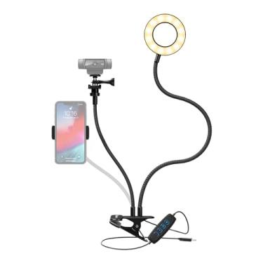 Imagem de Knox Gear Suporte de luz de anel de selfie com braço flexível e suporte de celular intercambiável e suporte para webcam/câmera – grampo para laptop/desktop/mesa para transmissão, gravação de vídeo, conferências