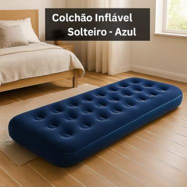 Imagem de Colchão Inflável Solteiro de PVC, Azul, 191x73x22cm, Superfície Aveludada, Portátil para Camping e Visitas, Suporta 1 Pessoa, Design Moderno com Sistema de Inflagem Rápida