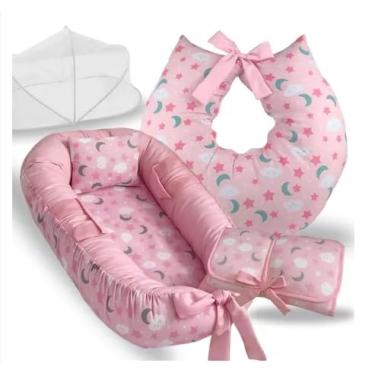 Imagem de KIt enxoval Ninho Redutor de Berço Almofada Amamentação Cobertor Toalha Banho Mosquiteiro Kit 5 Peças (4 Peças Rosa Lua)