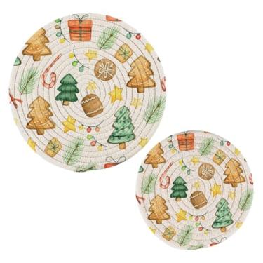 Imagem de Wassud Conjunto de elementos de Natal para pratos quentes, suportes de panela redondos de algodão, porta-copos elegantes, decoração de cozinha e acessórios, 2 peças