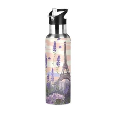 Imagem de Wassud Garrafa de água Torre Eiffel lavanda de aço inoxidável esportiva com canudo garrafas de água isoladas copo portátil de viagem 623 g