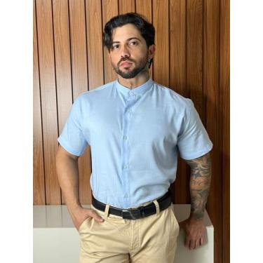 Imagem de Camisa Social Gola Padre Masculina Slim Manga Curta - Mitchelgutto, Az